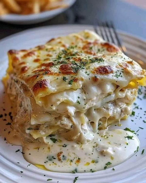 a white plate topped with lasagna covered in cheese