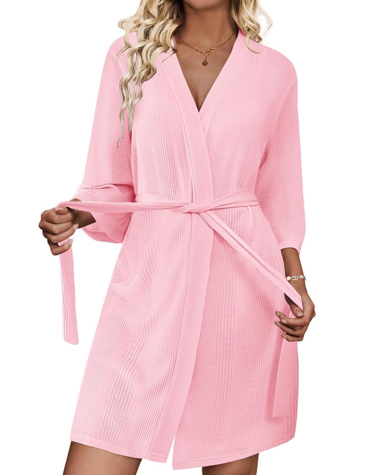 PRICES MAY VARY. Luxuriously Soft Fabric: Indulge in the ultimate comfort with the Ekouaer Robe for Women, crafted from lightweight waffle knit fabric. Our lightweight robes for women with breathable and skin-friendly material keep you cozy year-round, whether relaxing at home or enjoying a warm evening outside Chic and Flattering Design: Elevate your loungewear with our stylish V-neck and 3/4 sleeve design. The lightweight bathrobe with elegant knee-length cut and adjustable waist belt enhance Pink Spring Robe For Loungewear, Fitted Long Sleeve Pink Robe, Summer Lounging Pink Robe, Pink Cotton Robe For Daywear, Pink V-neck Robe For Loungewear, Chic Loungewear, Soft Robes, Waffle Knit, Sleeve Designs