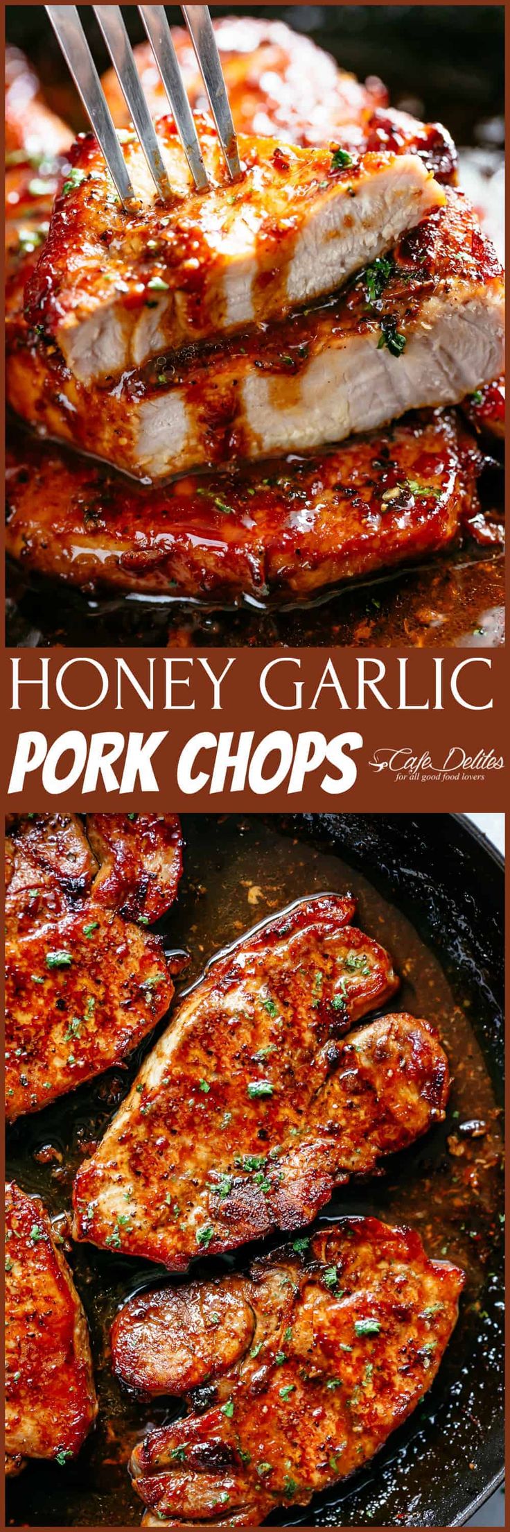 honey garlic pork chops in a skillet with the words honey garlic pork chops on