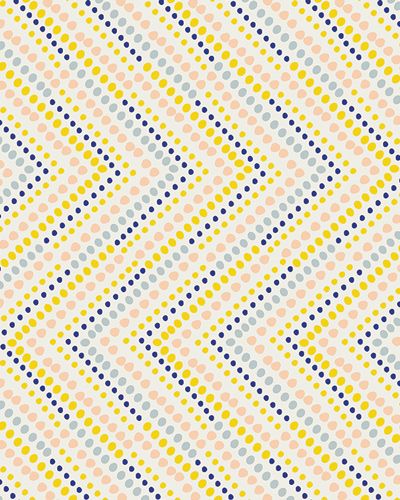 an abstract pattern in yellow, blue and white colors with dots on the diagonal lines