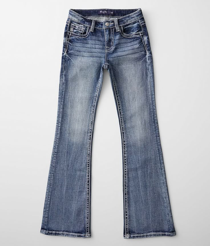 Girls - Miss Me Mid-Rise Boot Stretch Jean - Blue 5/Long M860b Mid-rise zip fly stretch jean Regular inseam measures 28 on size 10 and will grade accordingly to size Long inseam measures 30 on size 10 and will grade accordingly to size 16 bottom opening Slim through the hip and thigh Adjustable waistband Regular button closure in sizes 7-16 Sequins and rhinestones on metallic embroidered back pockets Matching Mom & Me jean. 99% Cotton 1% Elastane. Machine wash separately cold water with like col Cheap Low-rise Denim Bottoms, Bell Bittom Jeans, Bootcut Jeans Size 16, Light Jeans Boot Cut, Early 200s Jeans, Cute Bootleg Jeans, Bootcut Jeans American Eagle, Cute Jeans Bootcut, Jenes Pants