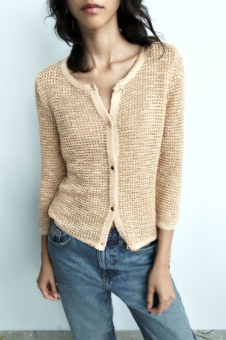 METALLIC THREAD KNIT CARDIGAN - Golden | ZARA United States Elegant Soft Knit Top For Spring, Chic Cream Pointelle Knit Cardigan, Chic Beige Open Knit Cardigan, Chic Knitted Tops For Layering, Chic Textured Knit Top For Spring, Chic Spring Textured Knit Top, Chic Textured Knit Cardigan, Beige Crew Neck Chic Cardigan, Chic Pointelle Knit Top