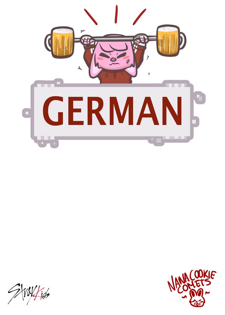 the german language is written in red and white with an image of a pig holding two mug