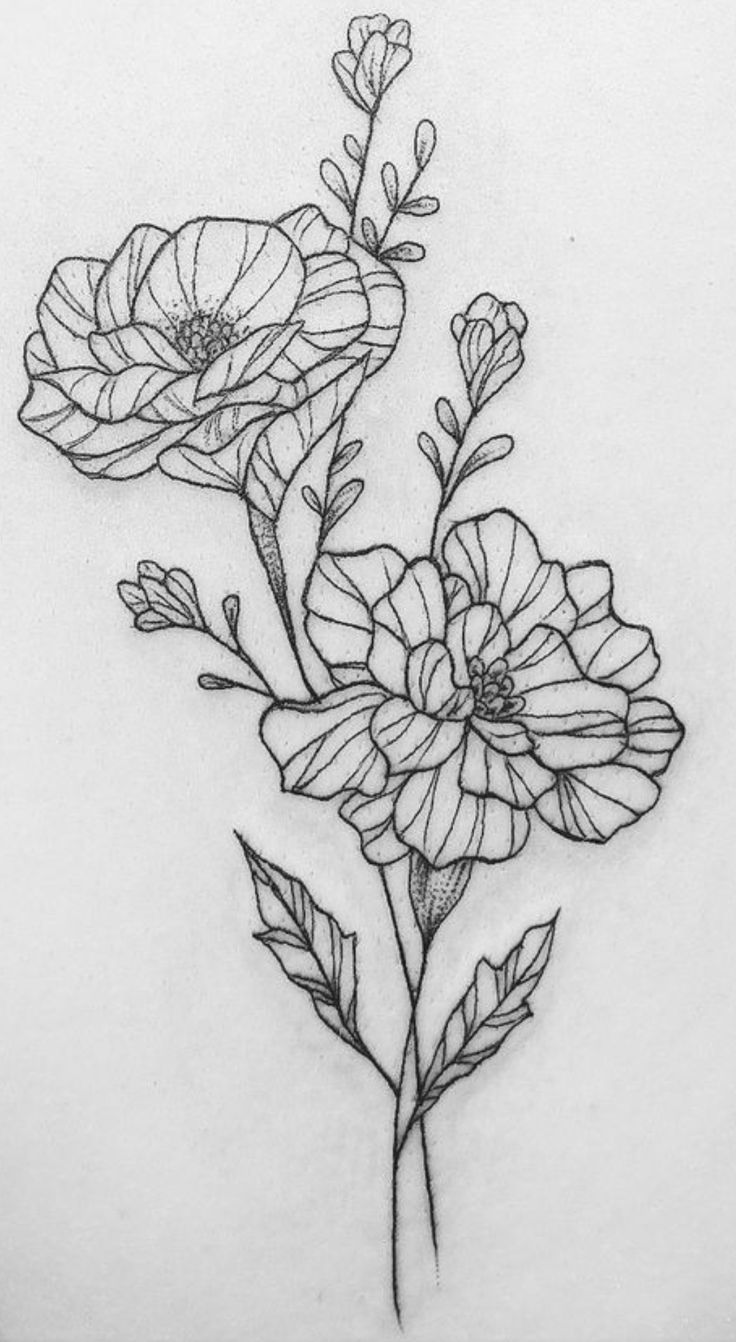 a black and white drawing of some flowers