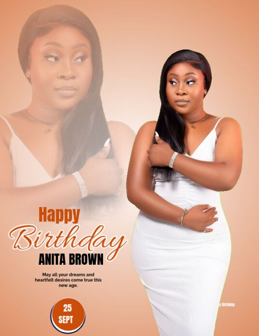 a woman in a white dress with her arms crossed and the words happy birthday written on it