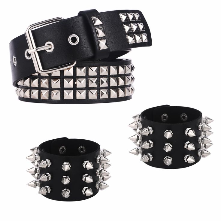 PRICES MAY VARY. 【Bracelets and Belt Set】 Each Punk bracelet and belt set package comes with 2 pieces studded bracelets and a black studded belt. The set offers different styles of bracelets along with an emo belt to cater to various fashion preferences. 【Punk Studded Bracelets and Belt】Our punk belt and bracelets set crafted from artificial leather, these studded belts and bracelets feature unique stud designs that complement both daily wear and punk style outfits. The material is comfortable, Emo Belts, Goth Bracelets, Scene Belt, Punk Bracelets, Black Studded Belt, Goth Belt, Studded Belts, Punk Belt, Stud Belt