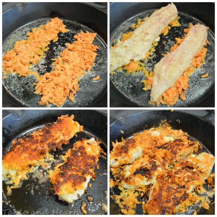 four different pictures of food being cooked in a frying pan, including meat and cheese