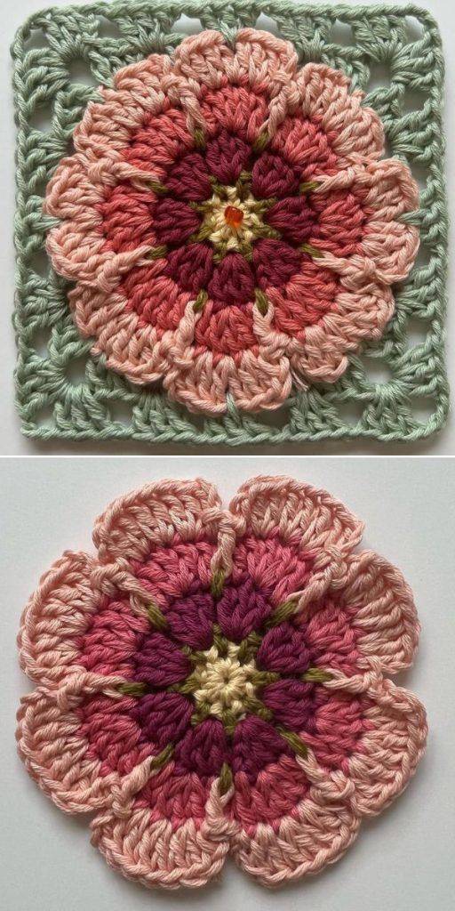 two crocheted coasters with different colors and designs on them, one has a flower in the middle