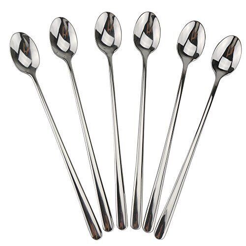 six stainless steel spoons on a white background