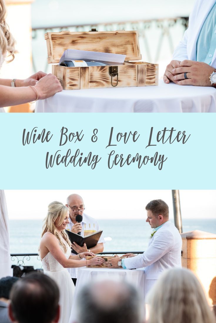 a couple getting married at their wedding ceremony with the words wine box and love letter written on it