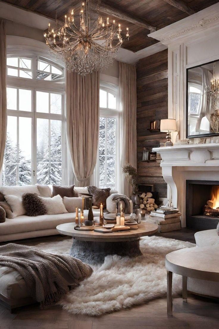 a living room filled with furniture and a fire place in front of a large window