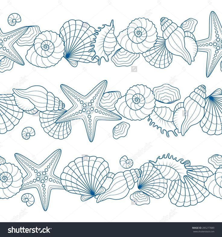 sea shells and starfishs in blue ink on white paper, with space for text