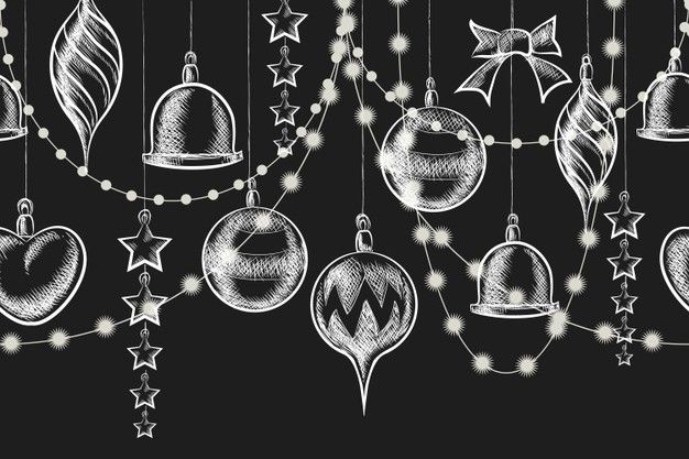 christmas ornaments hanging from strings on a blackboard background with stars and snowflakes