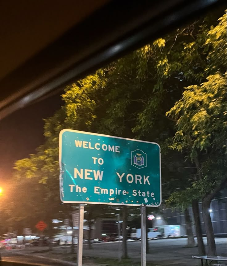 a welcome to new york street sign on the side of the road at night time