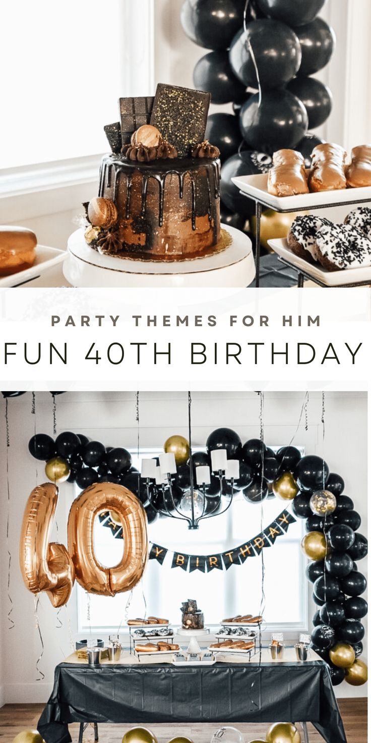 a birthday party with black and gold balloons, cake and desserts on the table