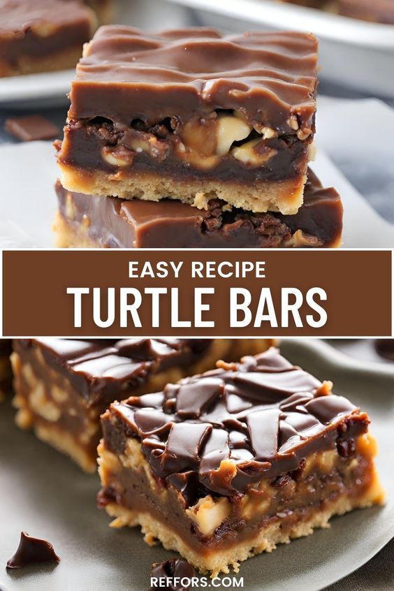 easy recipe for turtle bars made with chocolate, marshmallows and peanut butter