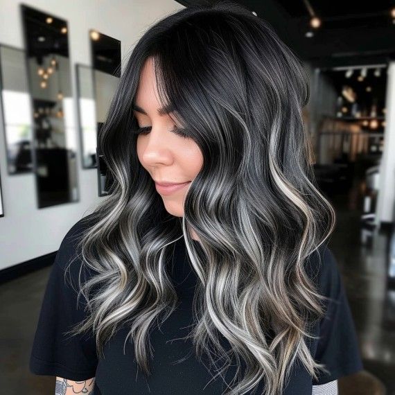 Black With Ash Highlights, Black Hair With Gray Money Piece Highlights, Brown Hair White Blonde Highlights, Dark Brown To Grey Balayage, Black Reverse Balayage, Balyage Short Black Hair, Highlight With Black Hair, Smokey High Contrast Hair, Money Piece With Black Hair