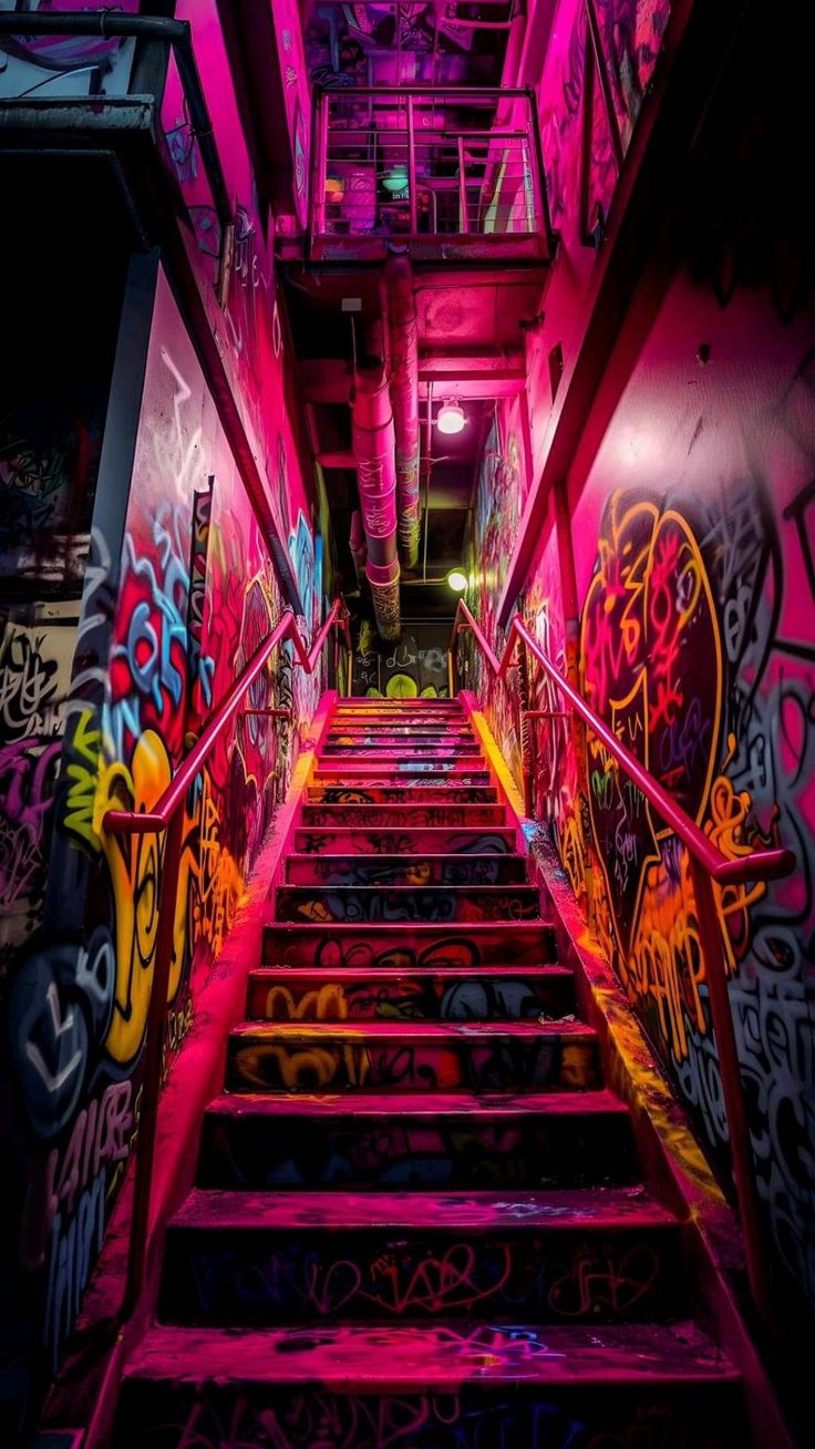 the stairs are covered in colorful graffiti and have been painted with bright pink light from above