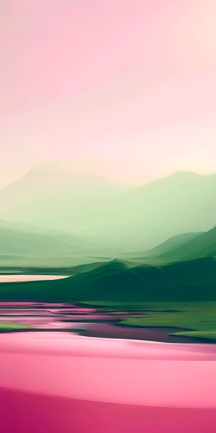 an abstract painting of green and pink water with mountains in the background at sunset or sunrise