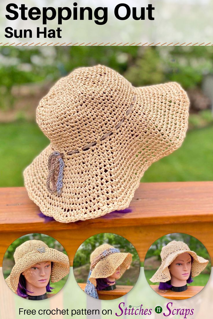 a crochet pattern for a sun hat with three pictures of the same hat