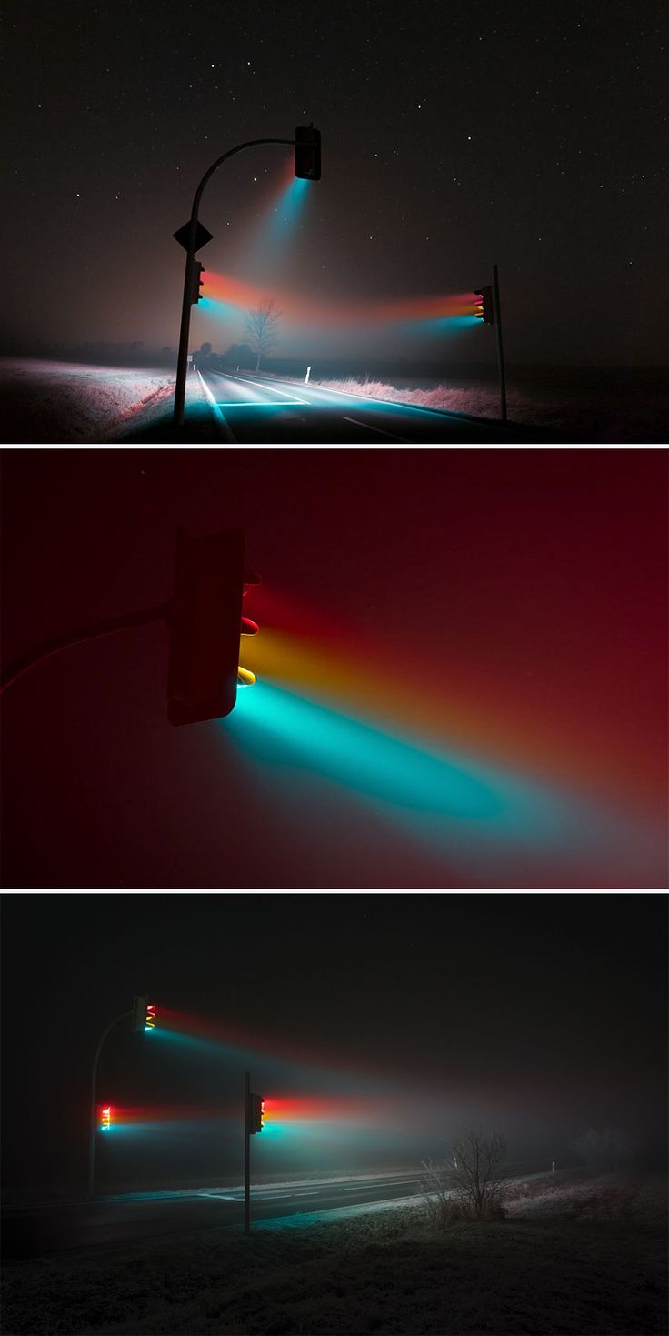 three different shots of traffic lights in the dark