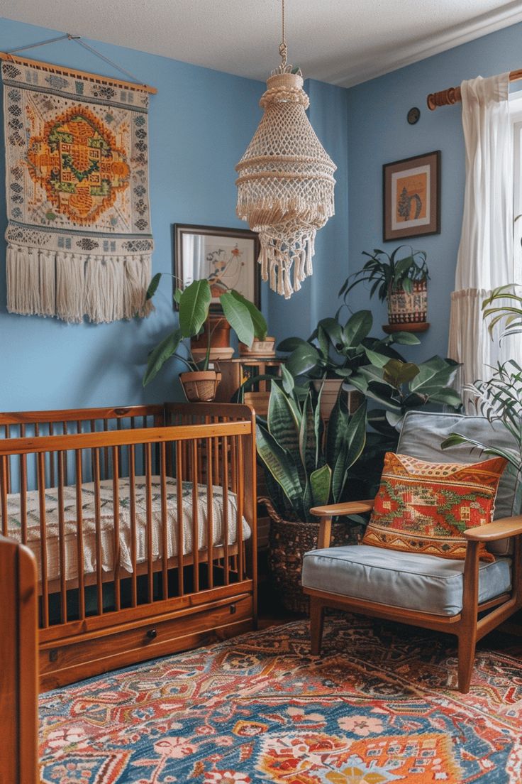 a baby's room with a crib, rocking chair and potted plant