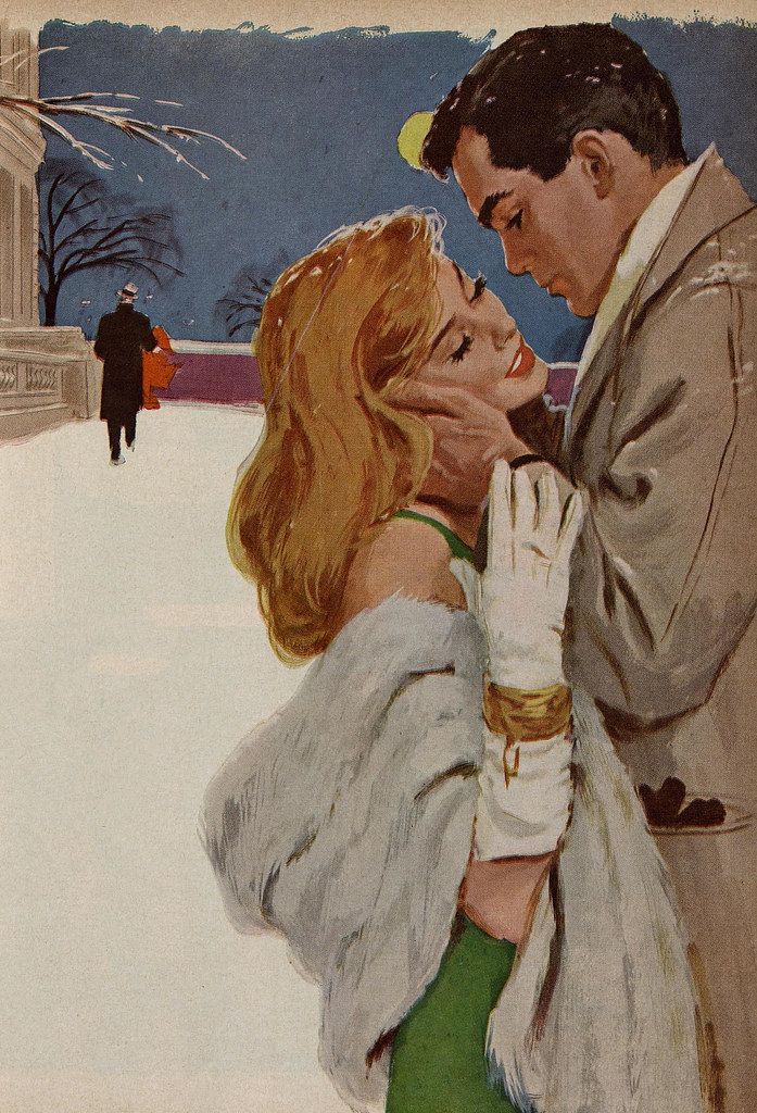 a painting of a man and woman kissing in the snow