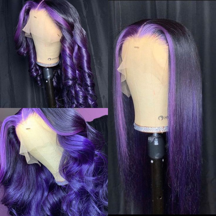 Purple Prom Hairstyles, Purple And Black Lace Front Wig, Purple Human Hair Wig, Purple Wigs On Dark Skin, Dark Purple Frontal Wig, Purple Wig Ideas, Purple Sew In Weave Black Women, Black Wig With Purple Highlights, Purple Wig Outfit