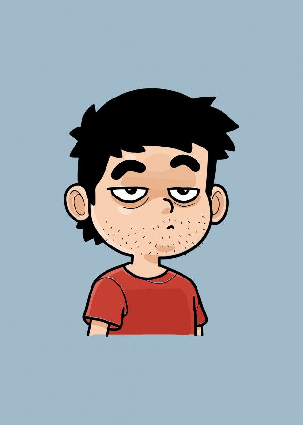 a cartoon boy with black hair and brown eyes