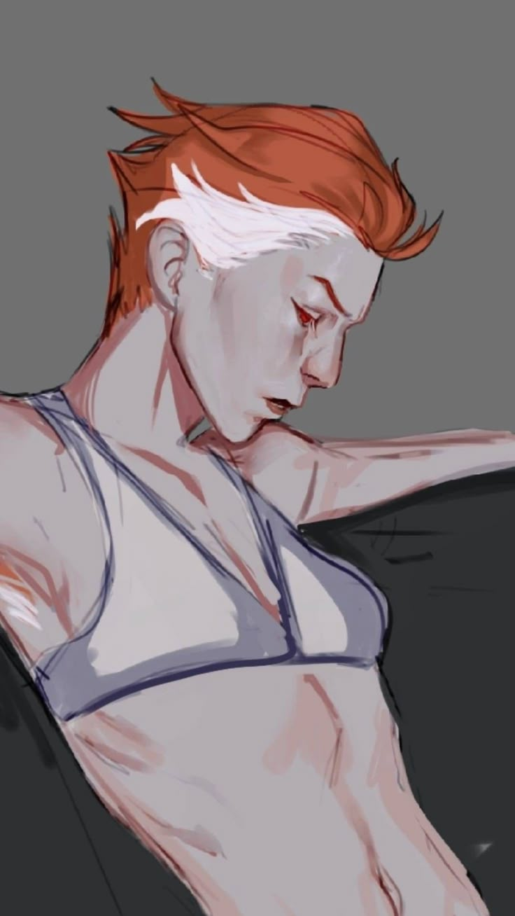 a drawing of a woman with red hair and no shirt on, holding her arm behind her back