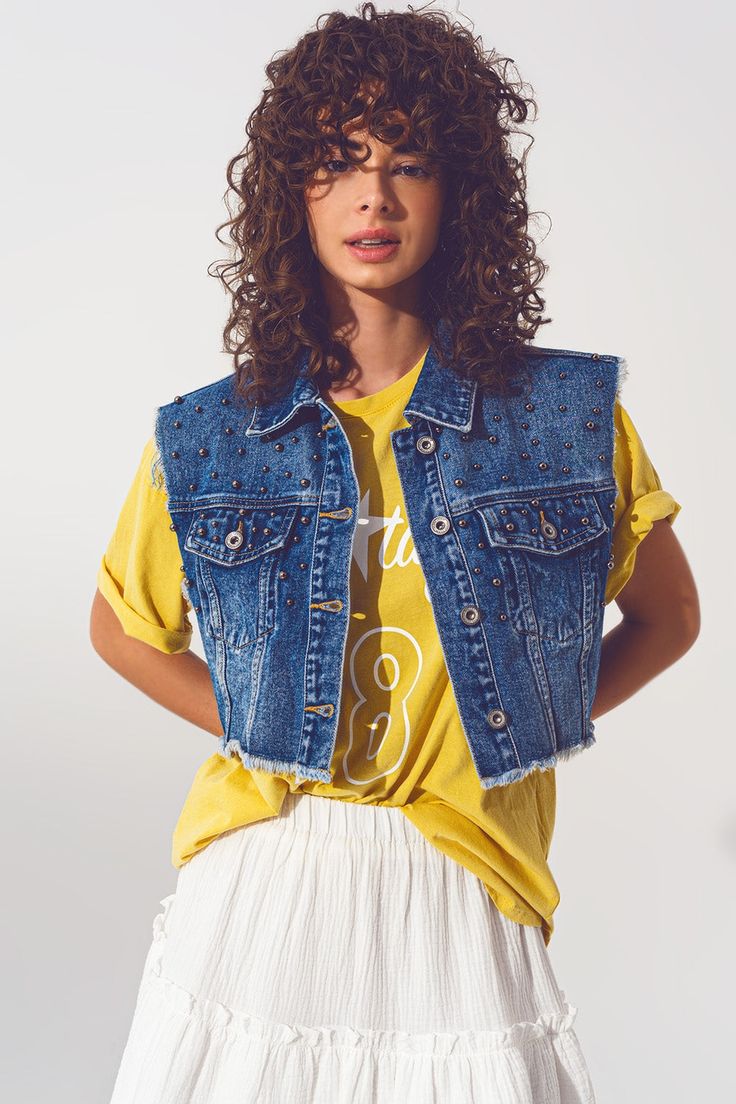 Q2 Cropped Studded Denim Vest in Blue Cropped Denim Vest Outfit, Cropped Blue Denim Vest With Pockets, Spring Button-up Denim Vest With Pockets, Cropped Denim Vest, Casual Button-up Denim Vest With Button Closure, Collar Outfits, Washed Blue Button-up Denim Vest With Pockets, Medium Wash Button-up Denim Vest With Pockets, Petite Models