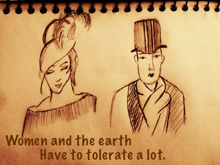 a drawing of two people with hats on their heads and the words women and the earth have to toilette a lot