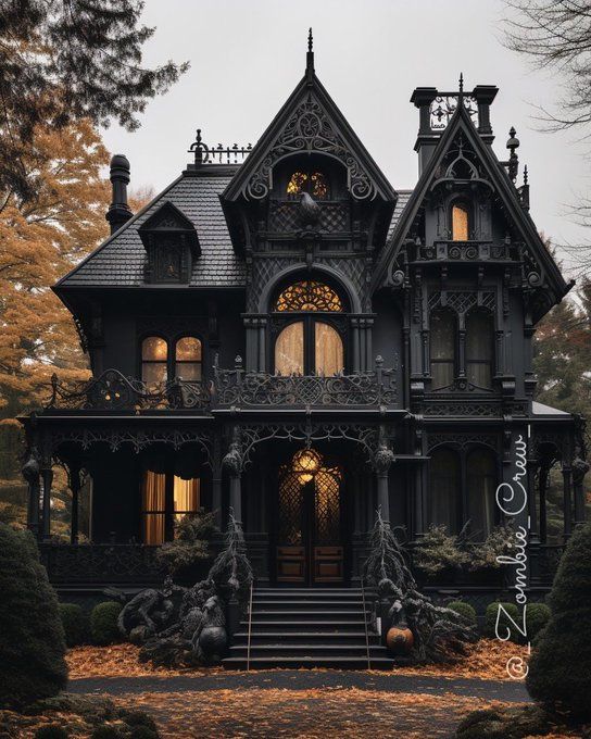 an old fashioned house with lots of windows and decorations on the front porch is lit up at night