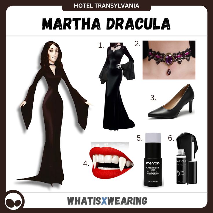 a woman in black dress and accessories with text that reads, what's wearing martha dracula