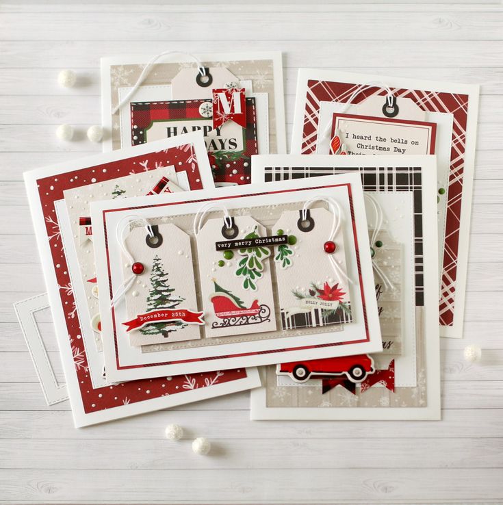 four cards with christmas designs on them, one is red and the other is white