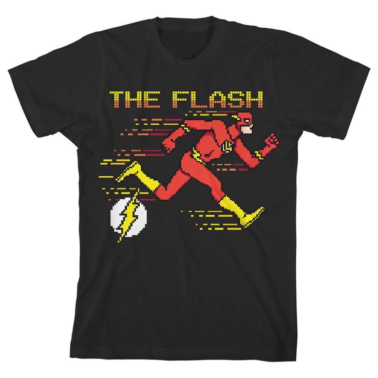 Fans of The Flash are sure to get a kick out of this youth black graphic tee! The pixelated superhero tee features a big, colorful graphic that has been professionally printed to ensure long-lasting print quality. The Flash fan apparel is black, and has short sleeves for comfort and style in any weather. The classic superhero apparel is made of 100percent preshrunk cotton jersey. It can be machine washed in cold water with like colors, then tumble dried for easy care. As an officially licensed p Black Graphic T-shirt For Comic-con, Black Superhero T-shirt For Fans, Black Pop Culture T-shirt With Graphic Design, Superhero Graphic T-shirt For Fans, Superhero Character Print T-shirt For Streetwear, Character Print Graphic Tee For Comic-con, Superhero Graphic T-shirt For Streetwear, Black T-shirt For Comic-con Fan Merchandise, Black Superhero T-shirt With Character Print