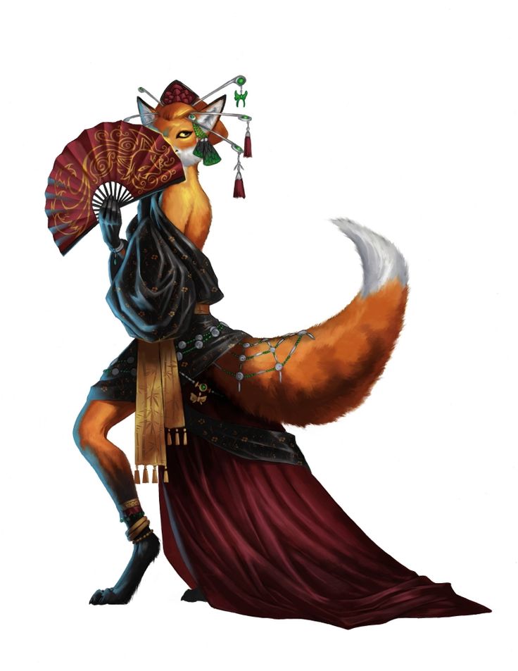 a painting of a woman with an umbrella and fox on her back, holding a fan