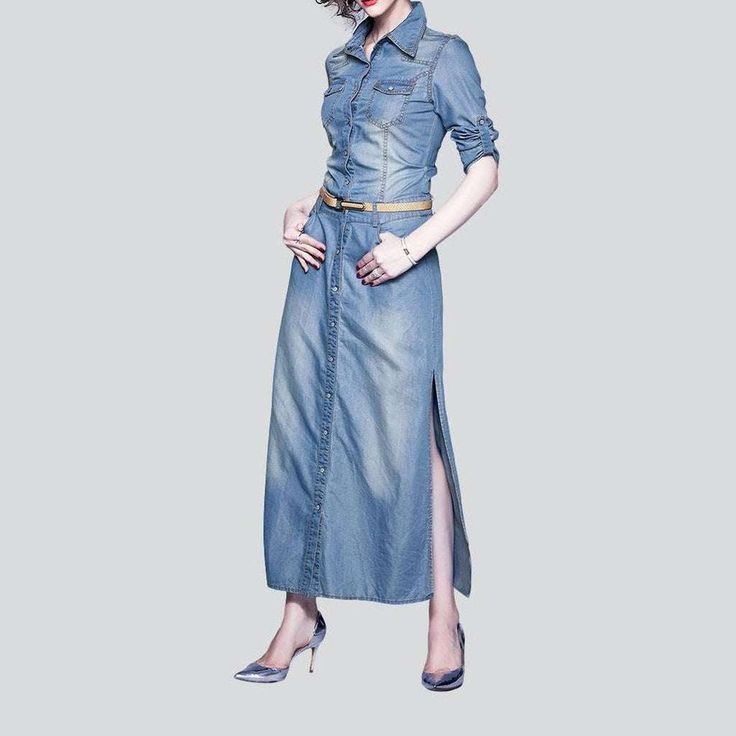 Welcome to the 2023 Spring-Summer Collection! Step into the spotlight with our light wash long denim dress. 90s style ââ‚?the perfect combination of classic and modern style. Perfect for those effortless summer days. this dress will make you look and feel like a trend-setter! Why You'll Love ItThis classic denim dress is designed to be a statement-maker. both comfortable and chic. With its light wash and subtle distressed detailing. it's the perfect balance of nostalgia and modernity. The long l Spring Casual Full-length Maxi Dress, Spring Casual Full Length Maxi Dress, Casual Full Length Maxi Dress For Spring, Light Wash Long Sleeve Summer Dress, Fitted Denim Maxi Dress In Blue, Fitted Denim Blue Maxi Dress, Summer Light Wash Long Sleeve Dress, Medium Wash Denim Midi Dress With Short Sleeves, Short Sleeve Denim Blue Midi Dress