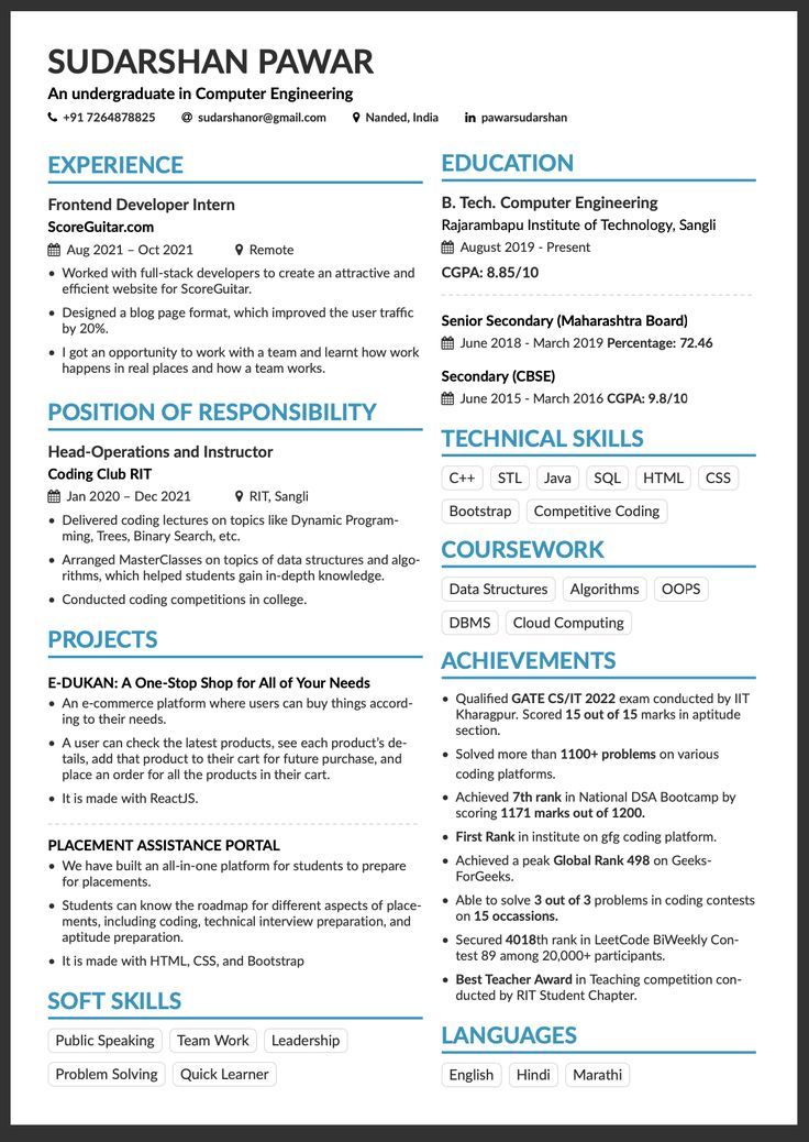 a professional resume template with blue accents