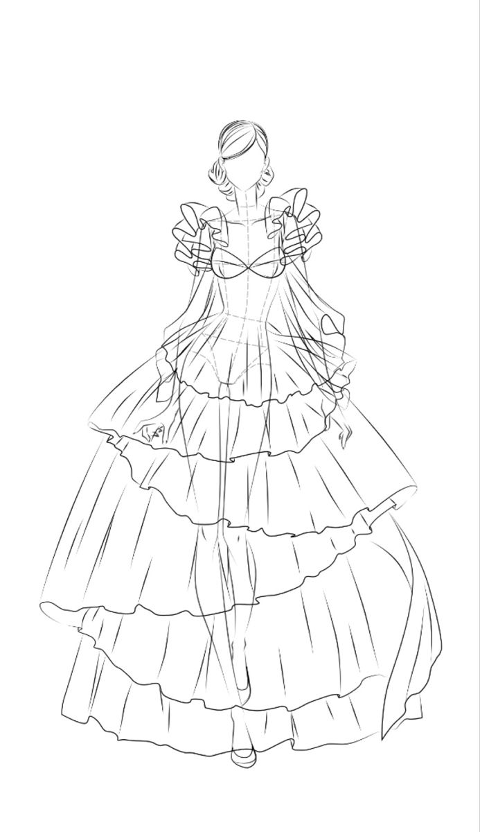 a drawing of a woman in a dress with long sleeves and ruffles on the skirt