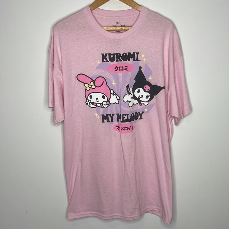 New Without Tags, Still Has The Plastic Thing From The Tag Kuromi And My Melody By Sanrio Size Xl Short Sleeve Crewneck T-Shirt Pink With Japanese Front And Back Graphic 100% Cotton Pink Graphic Print T-shirt For Loungewear, Pink Kawaii Shirt For Spring, Pink Short Sleeve Top With Hello Kitty Print, Kawaii Pink Tops With Graphic Print, Pink Short Sleeve Kawaii Top, Pink Hello Kitty Graphic Tee, Kawaii Pink Tops With Letter Print, Pink Short Sleeve Shirt For Loungewear, Pink Hello Kitty Print Top For Loungewear