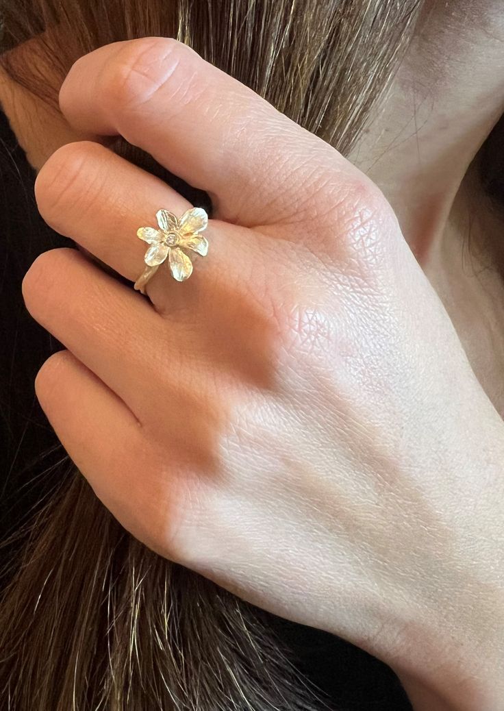 "14k solid gold diamond floral ring for women. Unique jewels that express the love and the connection between two people... Description: ✤ This ring is made to order ✤ This ring is handmade from start to finish in Our workshop, DaninoDesigner. ✤ Made Of 14K Yellow/White/Rose Gold, Diamonds. ✤ Ring width: 0.34'' / 0.86cm - (Flower width) ✤ 1 diamonds 1.80mm ✤ Total carat weight of 0.025 carat ✤ Ring Size: Choose at checkout - or contact me for custom requests ✤ PACKAGING: Every order is shipped w Anniversary Jewelry With Rose Cut Diamonds In Flower Shape, Flower Shaped Rose Cut Diamond Jewelry For Anniversary, Flower-shaped Rose Cut Diamond Jewelry For Anniversary, Gift Flower Open Ring With Rose Cut Diamonds, 14k Gold Flower Diamond Ring, 14k Gold Flower Diamond Ring Fine Jewelry, 14k Gold Flower-shaped Diamond Ring For Anniversary, Fine Jewelry Flower-shaped Rings With Rose Cut Diamonds, Gold Diamond Flower Ring For Anniversary