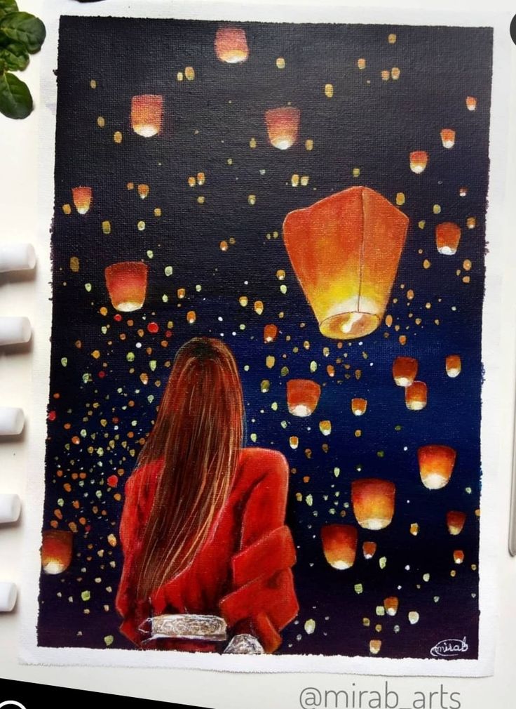 a painting of a girl looking at lanterns in the sky with her back to the camera