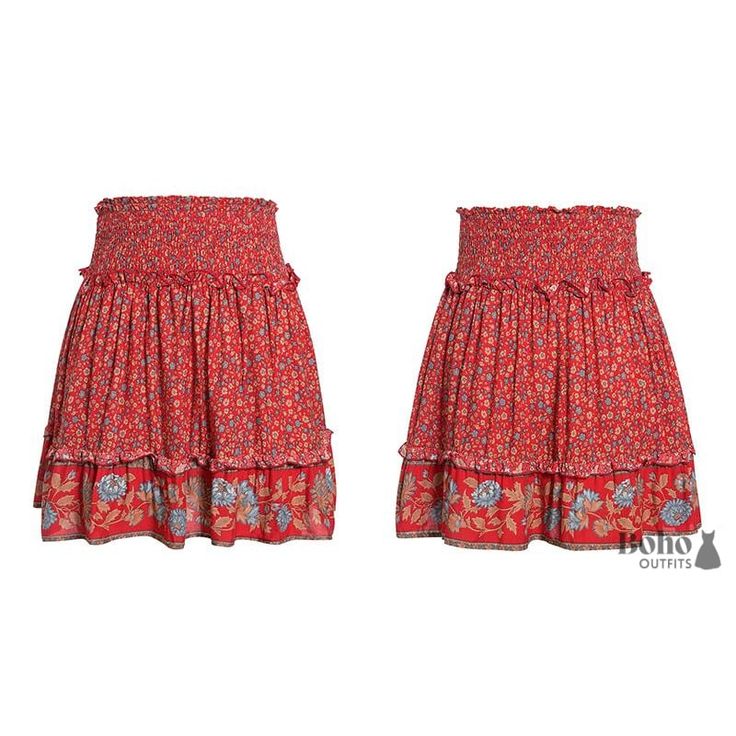 Boho Floral Skirt Caroline - Red / S - Dresses Bohemian Mini Skirt For Vacation, Bohemian Floral Print Flowy Mini Skirt, Bohemian Fitted Mini Skirt For Vacation, Fitted Bohemian Mini Skirt For Vacation, Summer Hippie Boho Print Skirt, Floral Print Mini Skirt For Vacation, Floral Mini Skirt For Vacation, Beach Floral Print Mini Skirt, Spring Hippie Mini Skirt