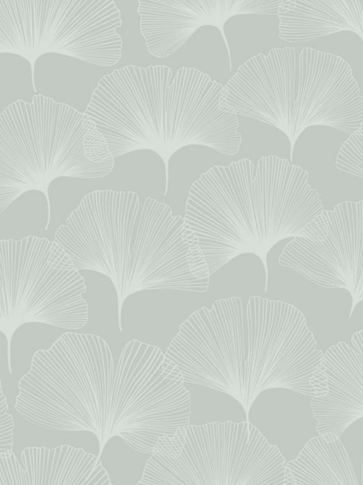 a white wallpaper with large fan shaped leaves on the back and sides, against a light gray background