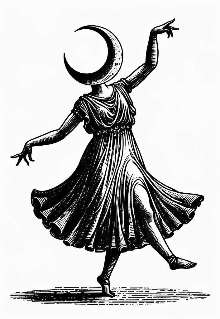 a black and white drawing of a woman in a dress with a crescent on her head