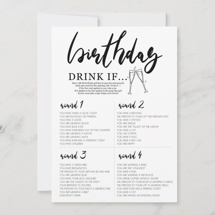 a white card with black lettering that says, birthday drink it