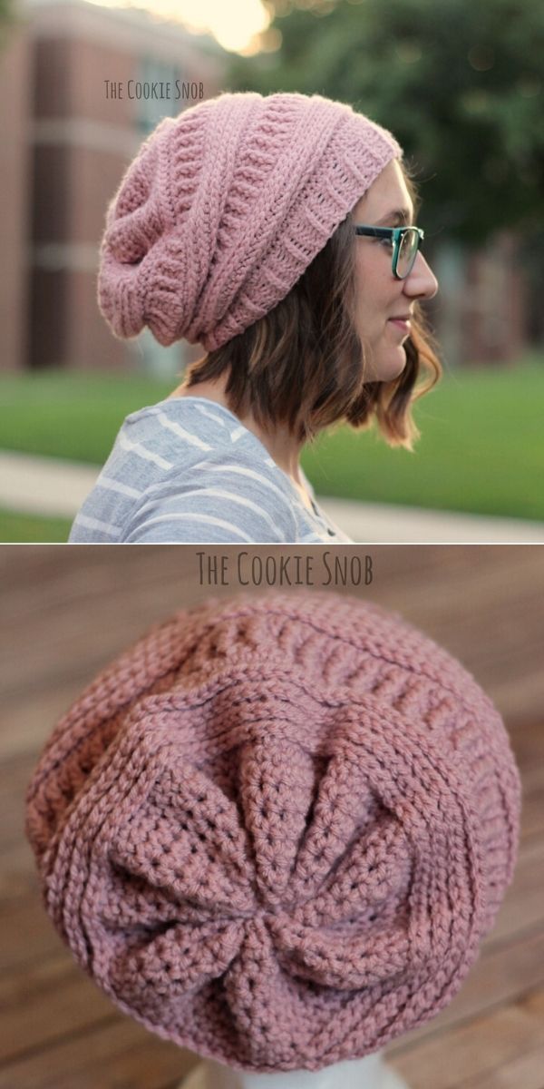 a woman wearing a pink knitted hat on top of a wooden table next to another photo