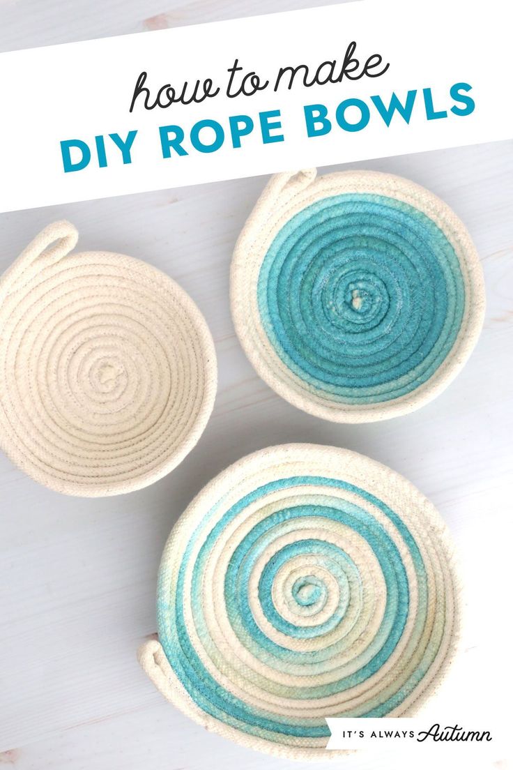 three bowls with blue and white designs on them, one has the words how to make diy rope bowls