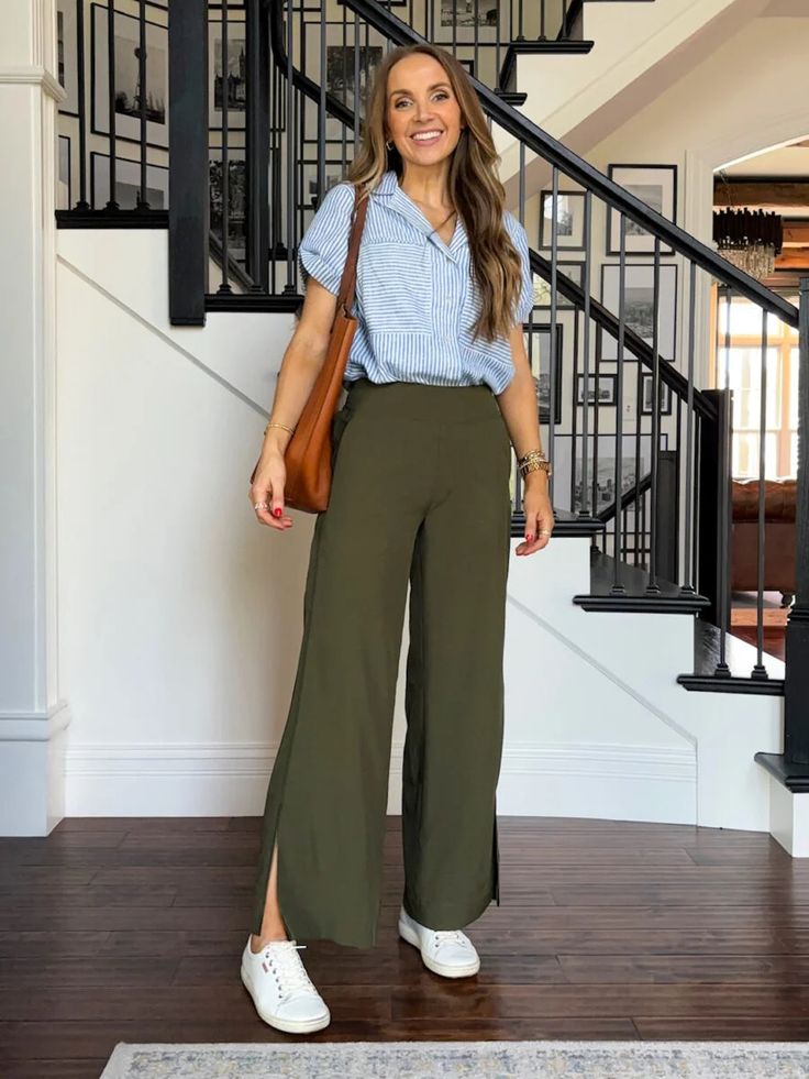 Olive Green Wide Leg Pants Outfit, Teacher Outfits With Sneakers, Green Wide Leg Pants Outfit, Olive Pants Outfit, Outfits With Sneakers, Wide Leg Pants Outfit, Olive Pants, Pants Outfit Casual, Jeans Wide